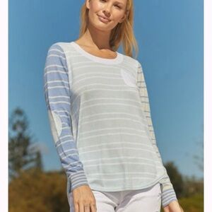 Zaket & Plover Women's Cashmere Cotton Blue Striped Sweater Elbow Patch Sz XS